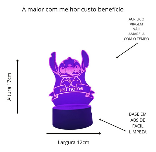 Luminária 3d Led 16 Cores Stitch Personalize Seu Nome Decora