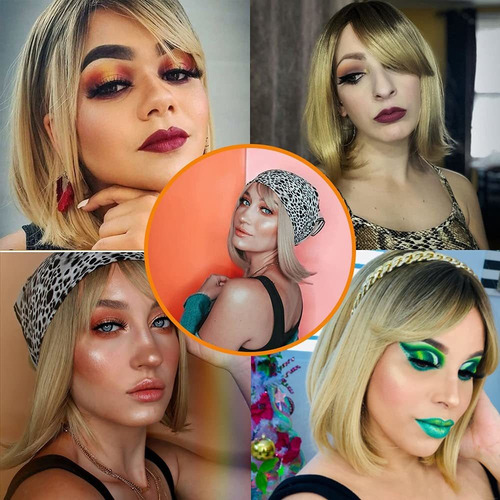 Peluca Rubia Con Flequillo Peluca Recta Corta Bob Para Mujer