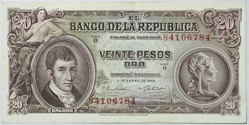 Billete 20 Pesos 02/ene/1965 Colombia Xf