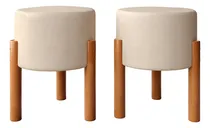 Comprar Kit 2 Puffs  Redondo Decorativo Pé Madeira Linho Bege