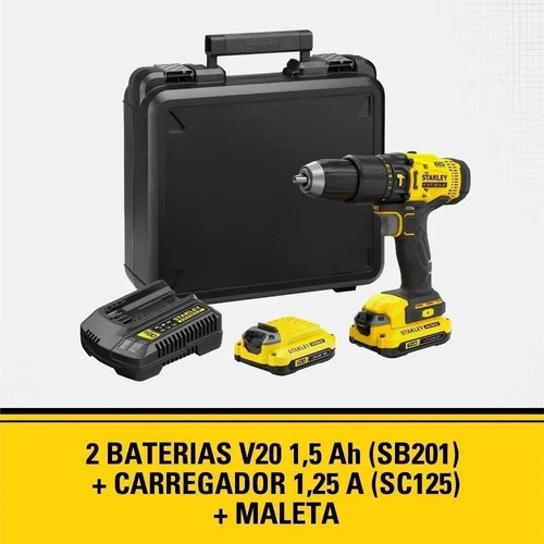 Furadeira parafusadeira de impacto sem fio de 13mm Stanley SCD711C2K 20V + 2 baterías de 1.5Ah + acessório com maleta de transporte
