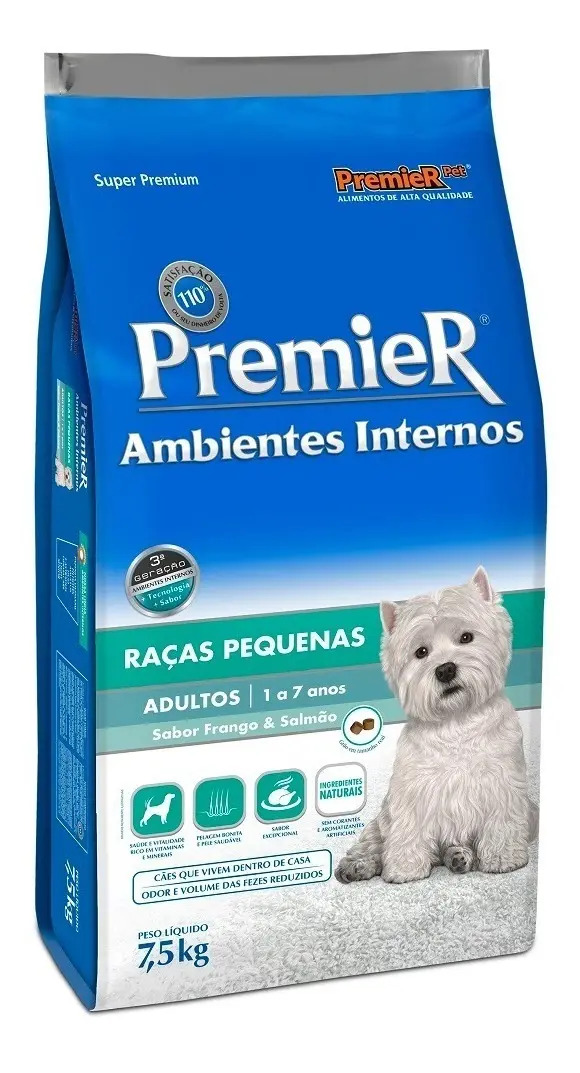 Ração Premier Ambientes Internos Cães Adultos Raças Pequenas Frango e Salmão 7,5kg