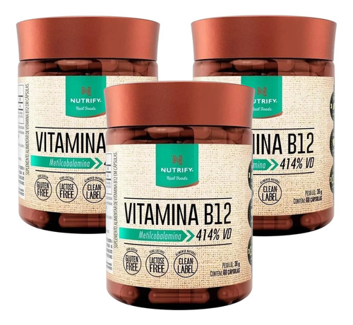 3x Vitamina B12 Nutrify 60 Cáps Metilcobalamina 414% Vd Sabor Sem Sabor