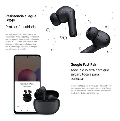 Xiaomi Redmi Buds 4 Active Auriculares inalambricos Bluetooth, 28 Horas de  batería, IPX4 Resistentes al Agua, Control táctil, Auriculares Bluetooth  5.3 de Ruido con IA para Llamadas- Negro : : Electrónica