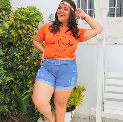 Short Plus Size Feminino Jeans Curto C Lycra E Cinto Fivela