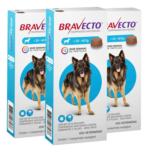 Antipulgas E Carrapatos Bravecto 20 A 40 Kg 1000mg Kit Com 3