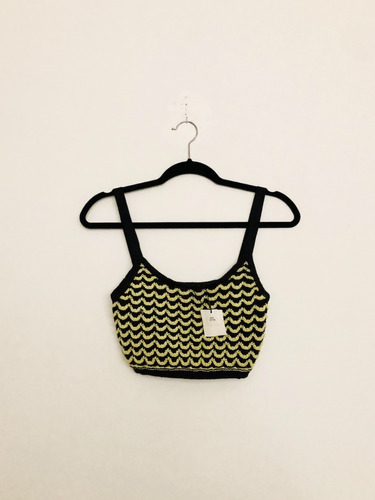 Zara Crop Top Ombliguera De Crochet Negra Con Verde Original