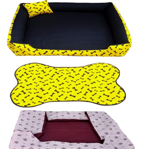 Cama Para Cachorro Grande Gg 95x95 Cm + Tapete E Capa Extra Cor Cama Amarela +capa Vinho