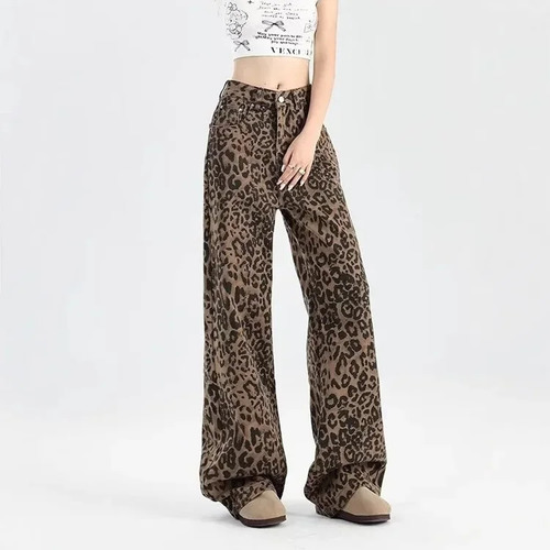 Jeans Anchos De Cintura Alta Con Estampado De Leopardo Para