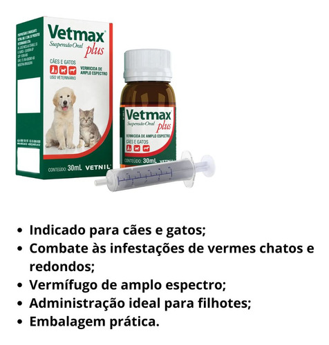 Vetmax Suspensão Oral 30ml Vermífugo Cães E Gatos Vetnil