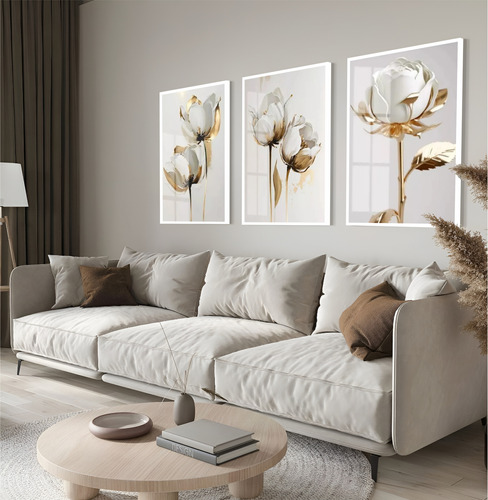 Quadros Decorativos Flores Branco Com Dourado 50x70 C/ Vidro