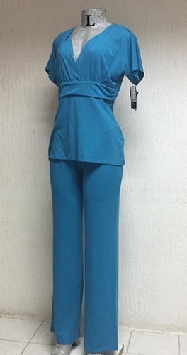 Conjunto Turquesa Para Señoras Pantalón + Blusa Cuello En V 