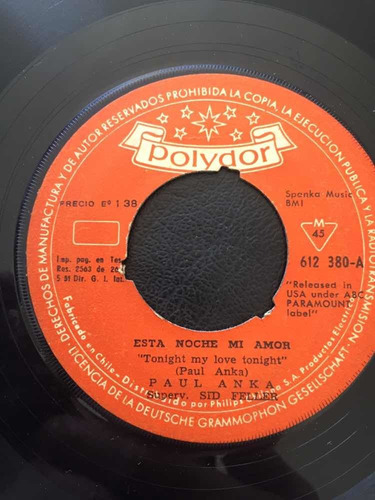 Vinilo Single De Paul Anka Está Noche Mi Amor(x41