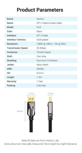 Cable Display Port 1.4 Macho-macho 8k Marca Vention 2 Metros