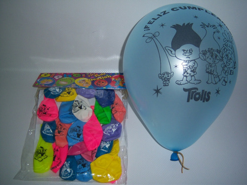 25 Globos Látex + 10 Banderines Impresos Fiesta Trolls Surtido