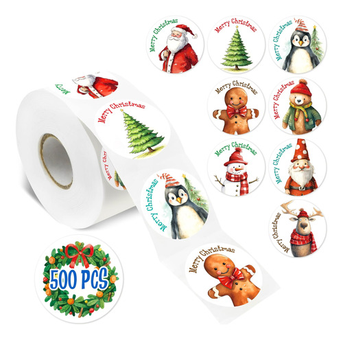500 Pegatinas De Feliz Navidad, 8 Lindos Diseños De Etiqueta