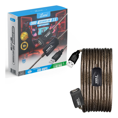 Extensor Usb Ativo Com Repetidor 2.0 Usb Am X Af 5 Metros Cor Preto Lumi
