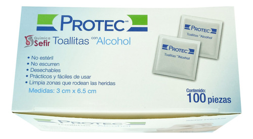 Toallitas Con Alcohol Protec 3x6.5 Cm Caja Con 100 Pzas.