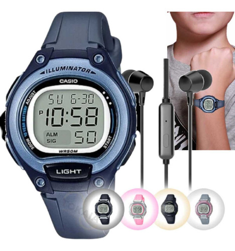 Relógio Casio Infantil Digital Original Lw-203 + Fone Ouvido Cor Azul - Lw-203-2Avdf