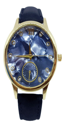 Relógio Ck Feminino Luxo Dourado Azul Pulseira De Couro
