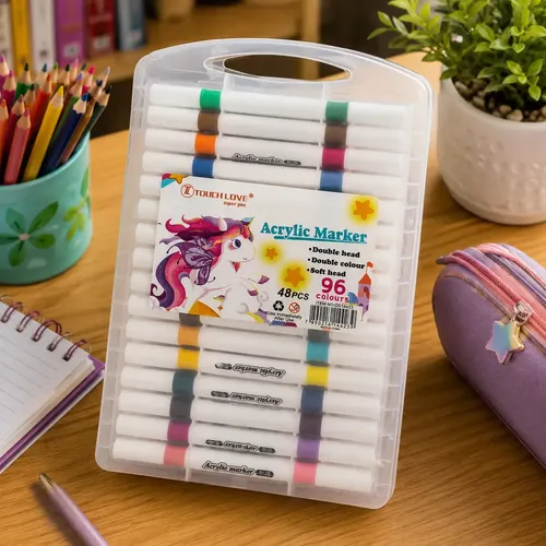 Kit Marcador Acrílico Popsy Ponta Dupla Com 96 Cores e Maleta