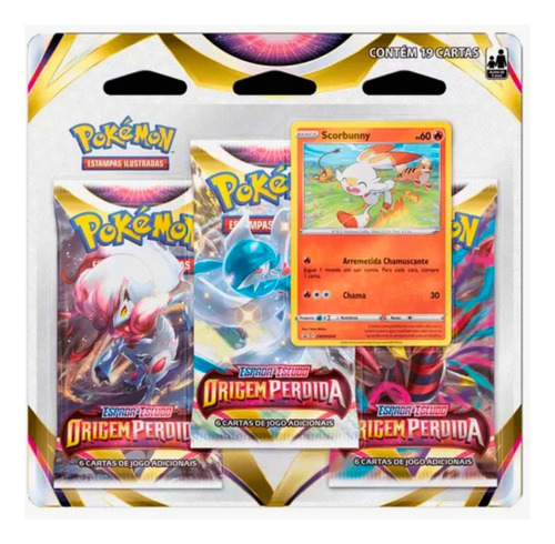 Jogo De Cartas Colecionáveis Pokémon Origem Perdida - Blister Triplo Scorbunny  - Cartinha Pokemon Copag X Pack De 3 Mazos  Con 19 Cartas