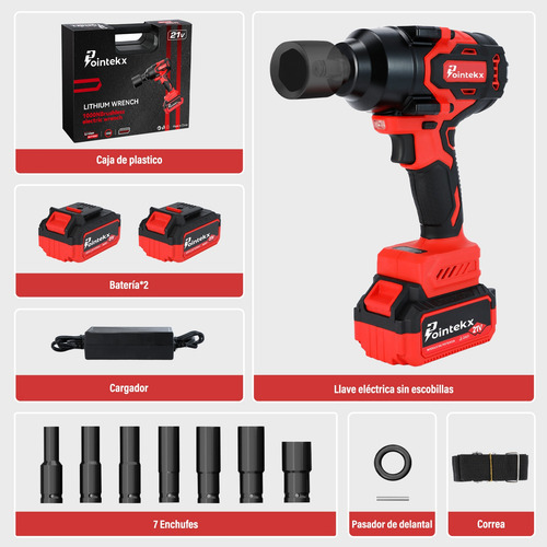 Pointekx Llave de Impacto Inalámbrica 1/2" con Motor Sin Escobillas Torque Máximo 738ft-lbs 1000 N.m Pistola de Impacto 21 V Apto Para Camiones Grandes 2*3.0Ah Baterías y Maletín