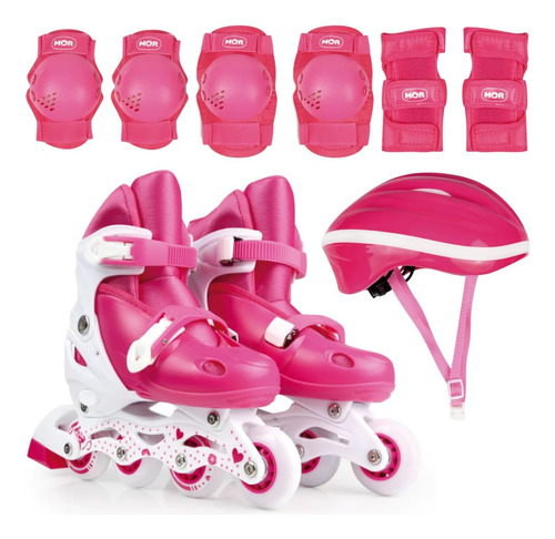 Kit Completo Patins Infantil Roller Regulável 34/37 Rosa