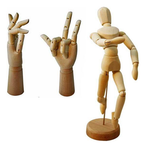 Kit Mão 30cm. + Boneco 30cm. De Madeira Articulada