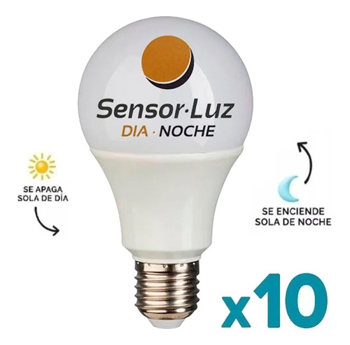 Set 10 Lámparas Foco Led 9w Sensor Luz Dia Noche Fotocelula 