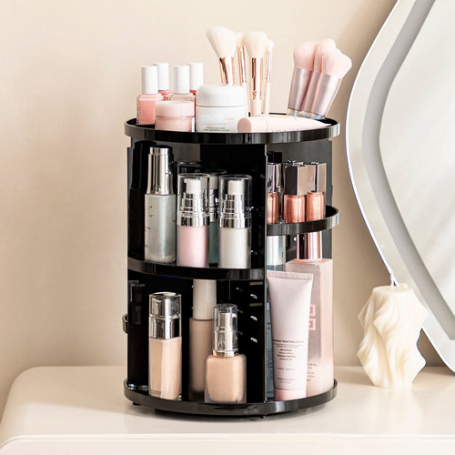 Organizador de maquillaje 360° con separadores, color negro