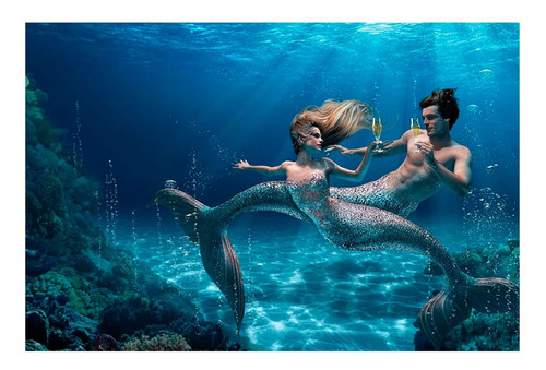 Vinilo 30x45cm Sirena Parareja Oceano Brindando Amor