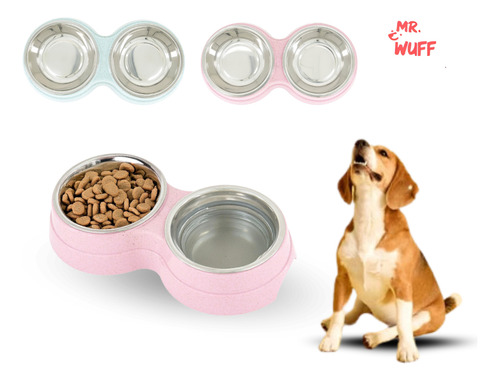 Plato comedero doble para perro con tazones de acero inoxidable MR Wuff color rosa