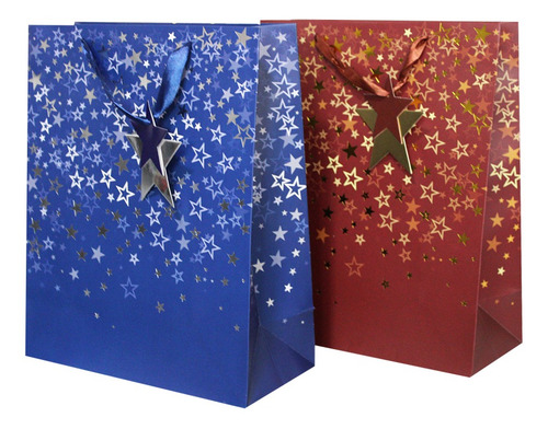 Imagem 2 de 3 de Sacolas Para Presentes Decoradas Kraft Estrelas Com 12