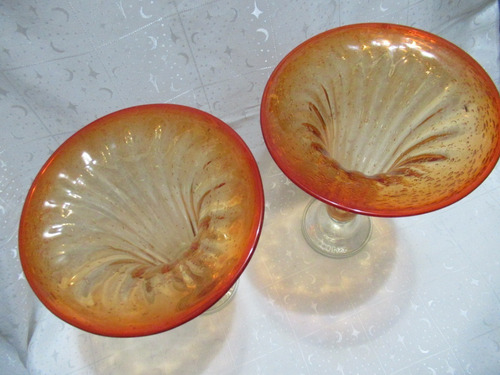 Par Floreros Cristal Veneciano Naranja Soplado Artesanales (Usado)