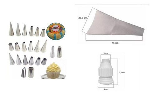 22 Peças Bicos Do Confeiteiro Inox + Adaptador + Saco 45 Cm