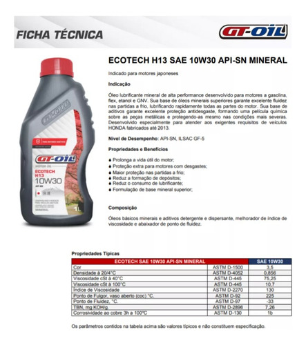 Gt Oil 10w30 Ecotec H1 Mineral Api Sn