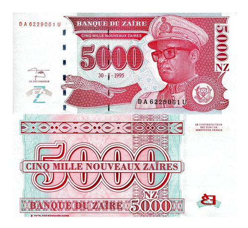 Billete De Zaire 5,000 Zaires, Nuevo 1995, Dictador Mobutu