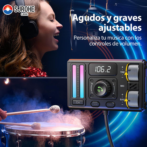 Sjrohe Transmisor Fm Bluetooth Qc 3.0 Usb Carga Rápida Adaptador Pd 30w Con Led Rgb Bluetooth 5.3 Fm Receptores Bluetooth Para Auto Audio Hd Llamadas Por Bluetooth Transmisor Bluetooth Fm Color Negro