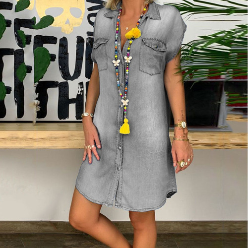 Vestido Camisero De Mezclilla De Color Sólido Para Mujer Mod
