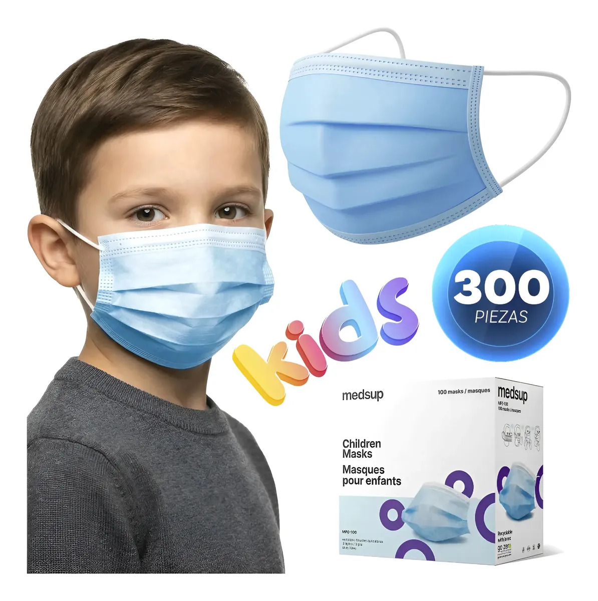 Cubrebocas Tricapa Termosellado Plisado Negro Azul 300 Pzas Niño Infantil Azul