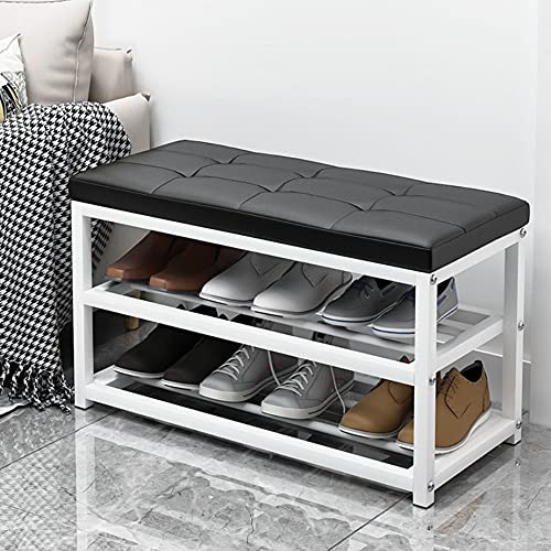 Premiumracks White Shoe Rack Bench Leather Seat Built T...