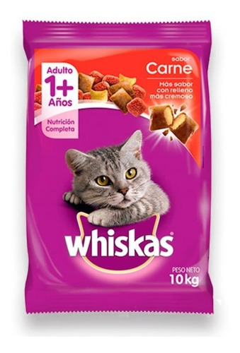 Imagen 2 de 3 de Whiskas Gato Adulto 10 Kg Sabor Carne Con 3 Pouch Premium