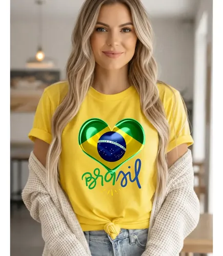 Camiseta  Feminina 100% Algodão T-shirt Brasil Copa Do Mundo Amarelo M