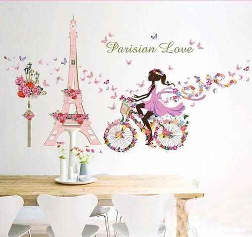 Imagen 4 de 7 de Vinilo Decor Sticker Pared - Paris Love Rosa Bici Hada Flor