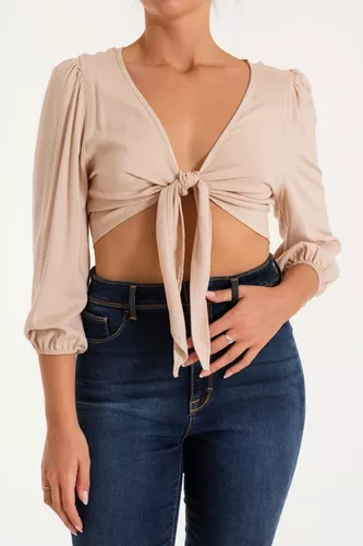 Top Blusa Mujer Escote V Con Nudos Manga Larga