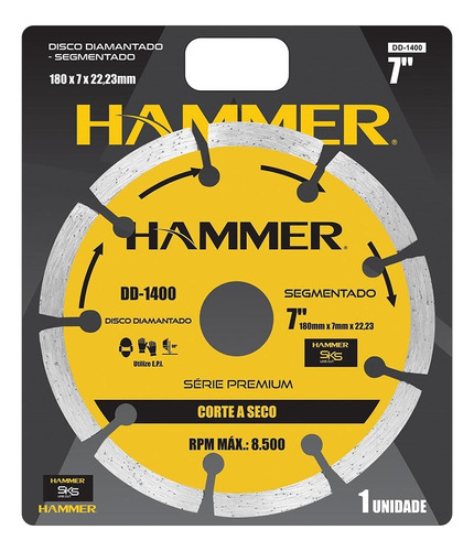 Disco Diamantado Hammer Segmentado 180mm Seco     Gydd1400