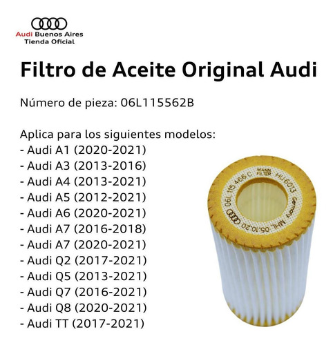 Imagen 2 de 8 de Filtro De Aceite Audi Q3 2016 Al 2019