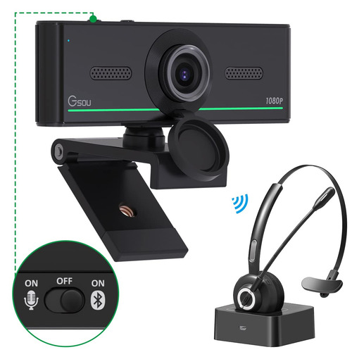 Gsou Cámara Web Bluetooth De 1080p Con Auriculares Bluetooth, Cámara Web Hd Usb Con Micrófono, Plug And Play, Cámara Web De Transmisión Para Reuniones De Zoom, Skype Facetime, Equipos De Pc, Mac