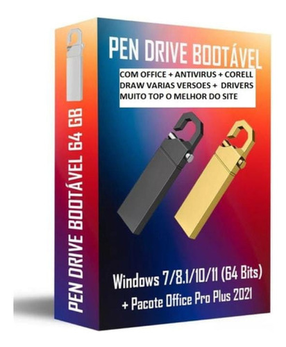 Pendrive Bootavel64 Wds7,8,10,11+office+corel+antivir+autoca Cor Preto Liso